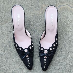 Prada Black Pointed  Mules with Eyelet Trim